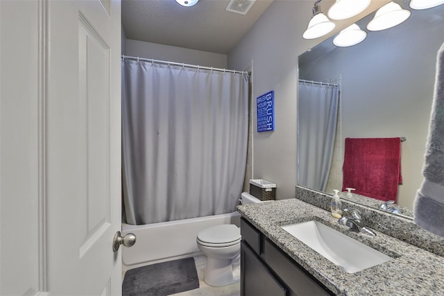 full bathroom with tile patterned floors, vanity, toilet, and shower / bathtub combination with curtain