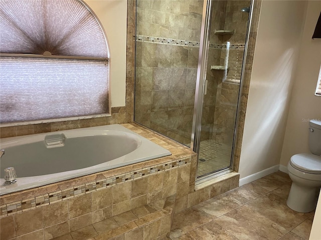 bathroom featuring tile patterned floors, toilet, and plus walk in shower