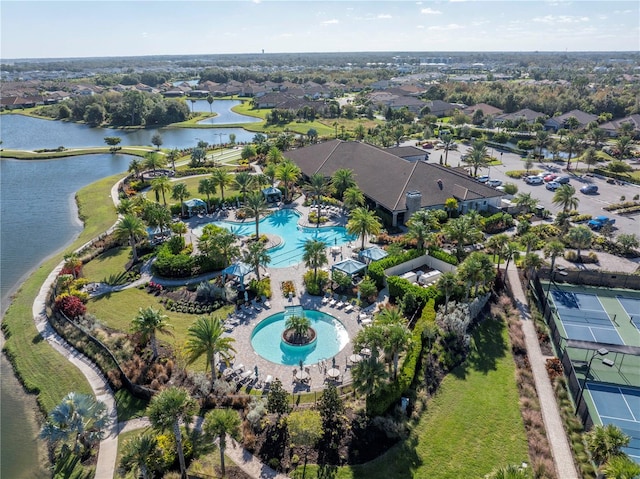 drone / aerial view with a water view