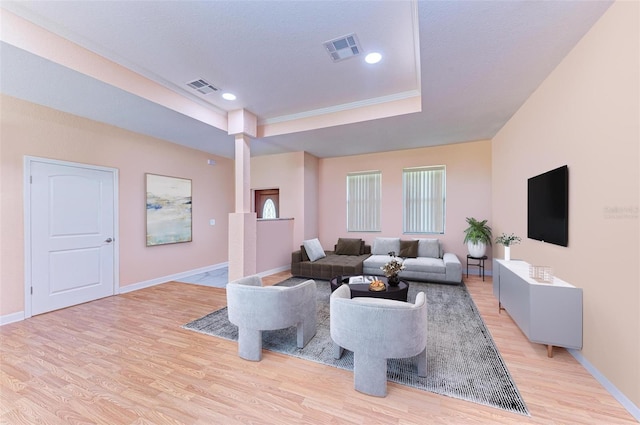 living room with a textured ceiling, light hardwood / wood-style floors, and a raised ceiling