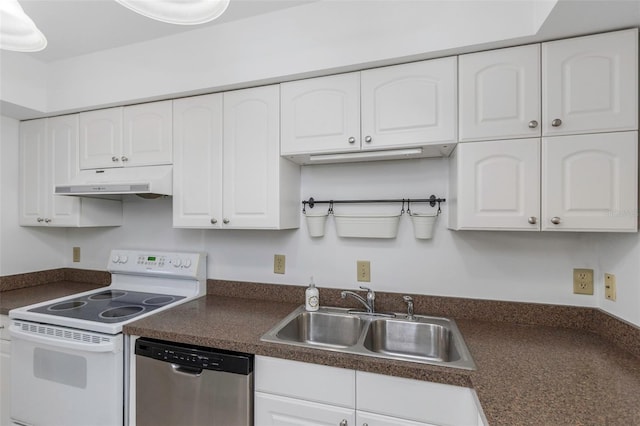 kitchen with white cabinetry, sink, stainless steel dishwasher, and white range with electric cooktop