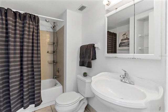 full bathroom with tile patterned flooring, sink, toilet, and shower / bathtub combination with curtain