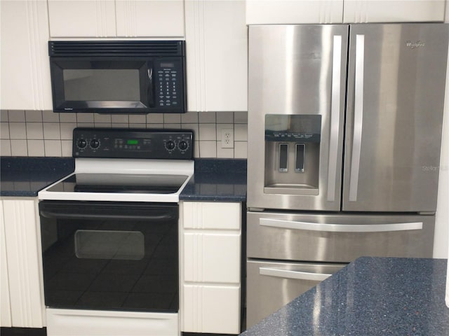 kitchen with white cabinetry, backsplash, stainless steel fridge with ice dispenser, and white electric range oven