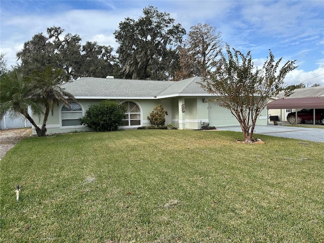 ranch-style house featuring a carport and a front lawn