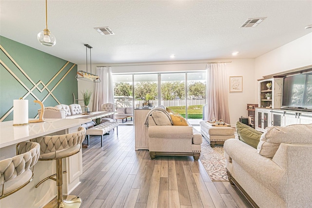 living room featuring a textured ceiling and hardwood / wood-style flooring