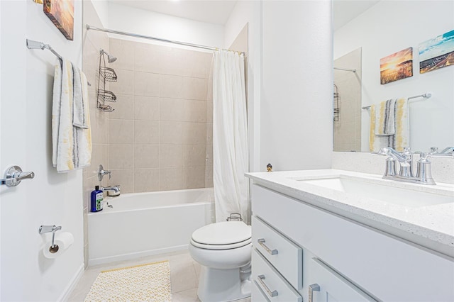 full bathroom with tile patterned floors, vanity, toilet, and shower / bathtub combination with curtain