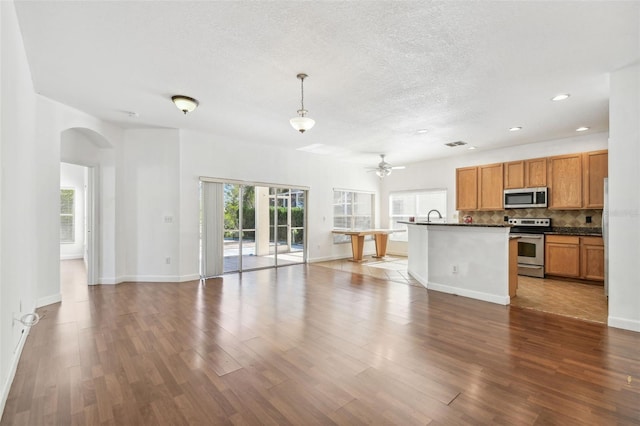 kitchen featuring decorative light fixtures, a healthy amount of sunlight, wood-type flooring, and stainless steel appliances