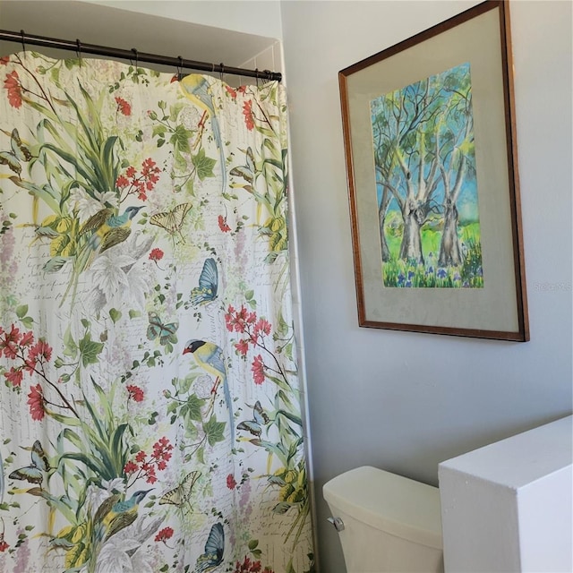 bathroom with toilet and a shower with shower curtain