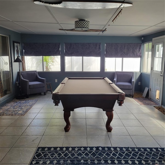 recreation room featuring tile patterned flooring, track lighting, pool table, and a drop ceiling