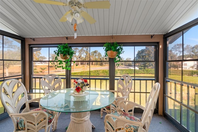 sunroom / solarium featuring ceiling fan, wooden ceiling, and vaulted ceiling