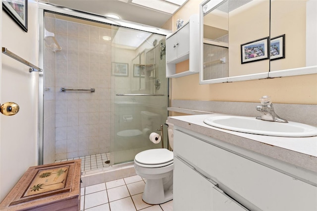 bathroom featuring tile patterned floors, vanity, toilet, and an enclosed shower