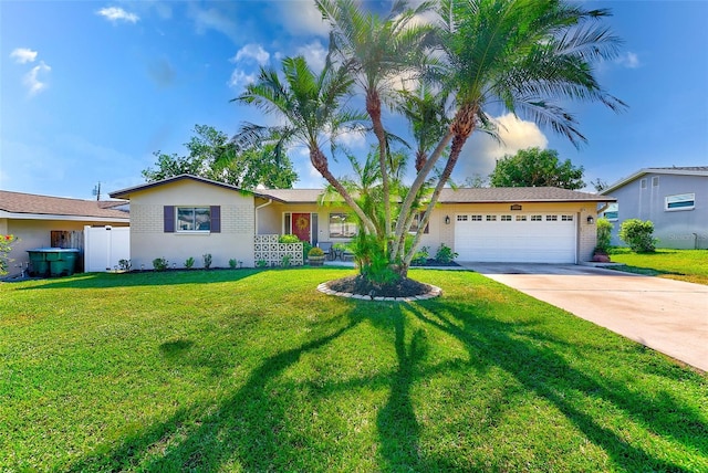 single story home with a front yard and a garage