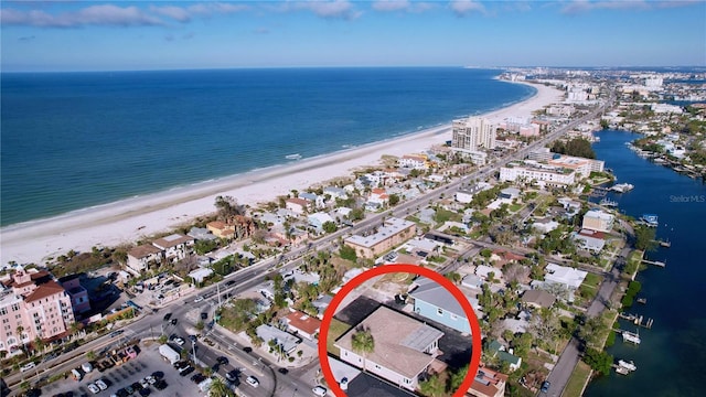 aerial view featuring a beach view and a water view