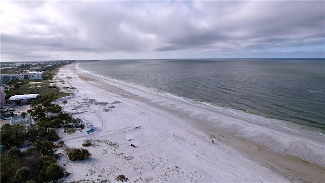 bird's eye view with a beach view and a water view