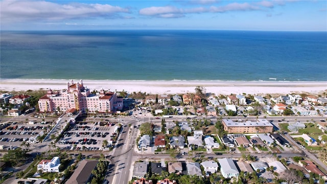 aerial view featuring a water view and a view of the beach