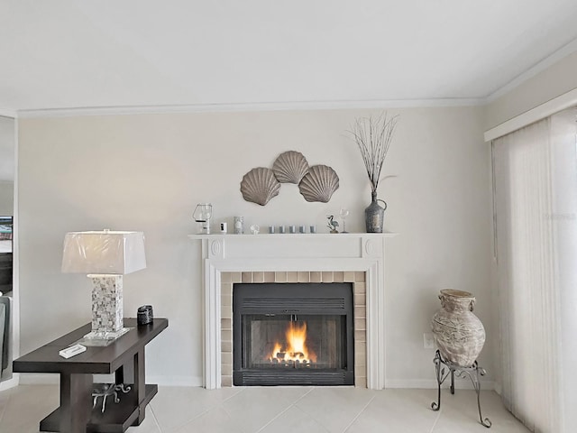 details featuring crown molding and a fireplace