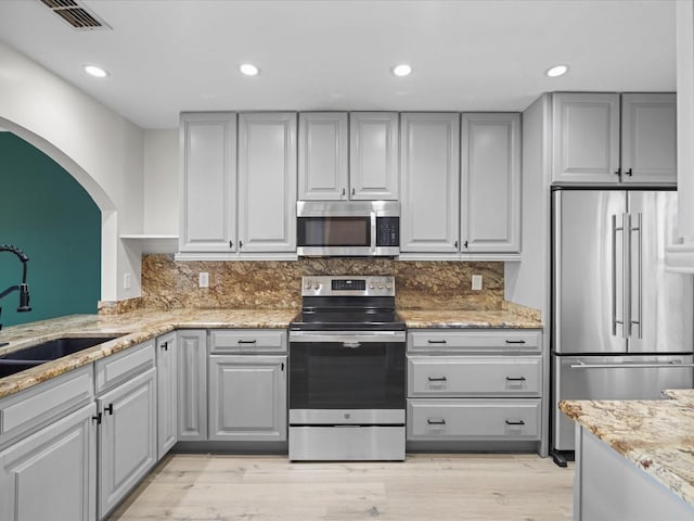 kitchen with backsplash, sink, gray cabinets, light wood-type flooring, and appliances with stainless steel finishes