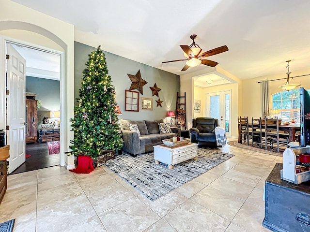 living room featuring ceiling fan