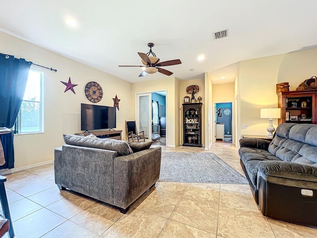 living room with ceiling fan