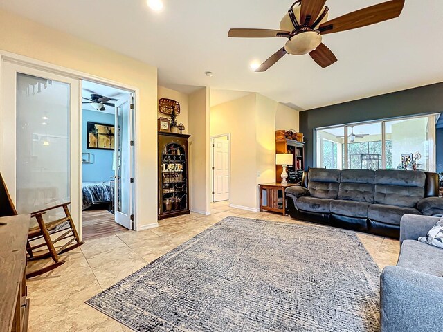 living room with ceiling fan