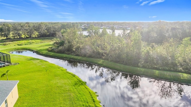 drone / aerial view with a water view