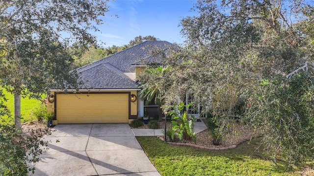 2915 126th Ter E, Parrish, FL 34219 - view of front of home with stucco siding, a shingled roof, a garage, concrete driveway, and a front lawn
