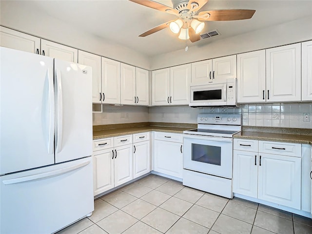 kitchen with white cabinetry, ceiling fan, tasteful backsplash, white appliances, and light tile patterned floors