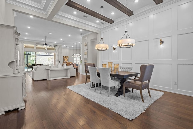 dining room featuring beamed ceiling, crown molding, ceiling fan, and dark wood-type flooring