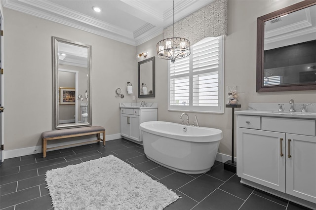 bathroom with tile patterned flooring, a bath, vanity, and ornamental molding