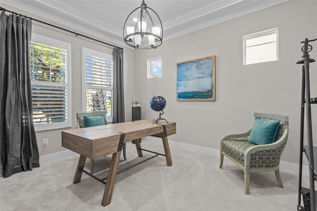 carpeted office with crown molding, a wealth of natural light, and a chandelier