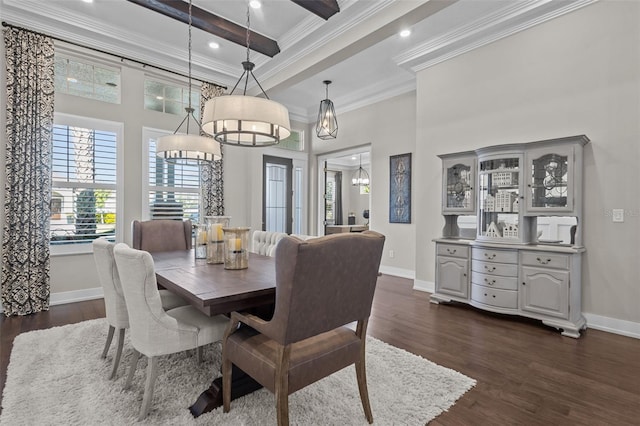 dining space featuring beamed ceiling, dark hardwood / wood-style floors, crown molding, and a high ceiling