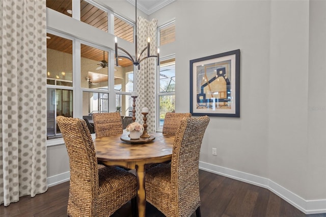 dining area featuring wood ceiling, dark wood-type flooring, and ornamental molding