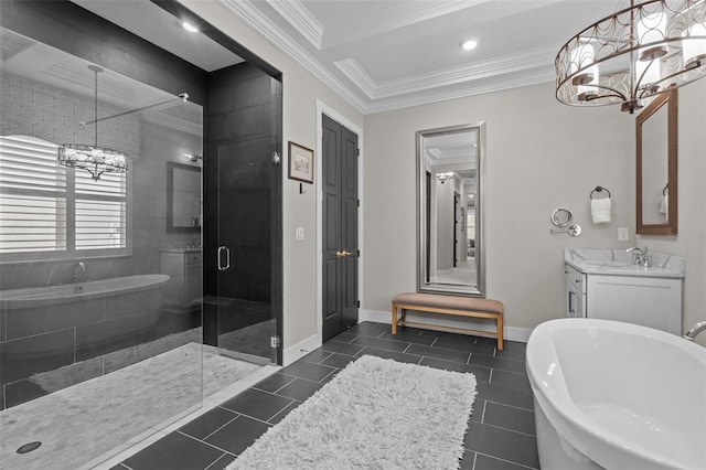 bathroom featuring vanity, tile patterned floors, separate shower and tub, ornamental molding, and a notable chandelier