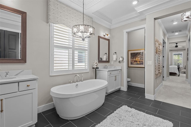 bathroom featuring a washtub, tile patterned floors, vanity, ceiling fan with notable chandelier, and ornamental molding