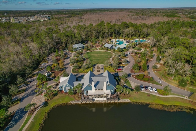 birds eye view of property featuring a water view