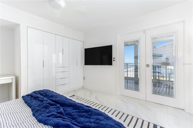 bedroom with access to outside, multiple windows, ceiling fan, and crown molding