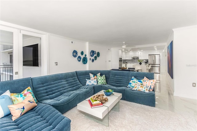1390 Gulf Blvd Unit 1204, Clearwater, FL 33767 - living area with light marble finish flooring, ornamental molding, and a ceiling fan