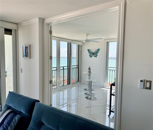 1390 Gulf Blvd Unit 1204, Clearwater, FL 33767 - dining room featuring a water view, marble tiled flooring, and ceiling fan