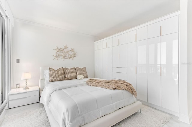 bedroom featuring crown molding and a closet