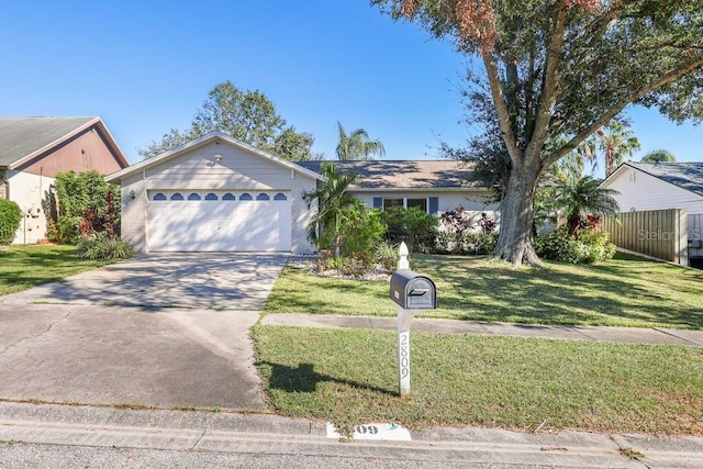 ranch-style house with a front lawn and a garage