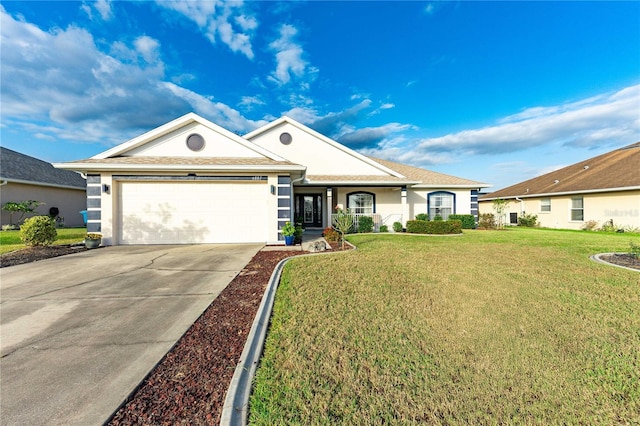 ranch-style house with a front yard and a garage