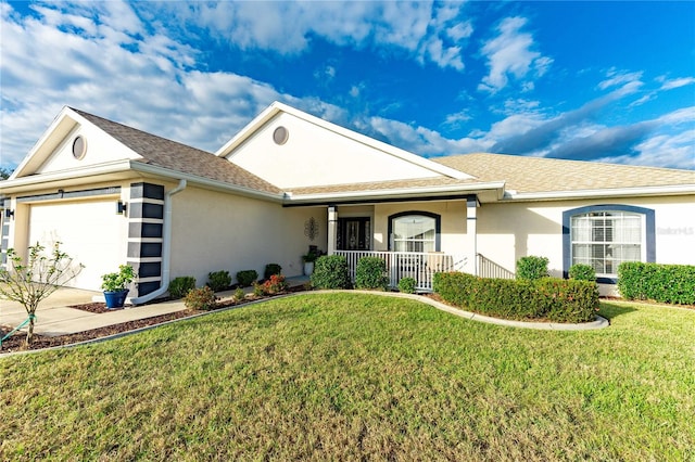 ranch-style home with a porch, a garage, and a front lawn