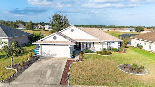 ranch-style home with a front yard and a garage