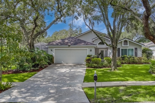 ranch-style home with a front yard and a garage