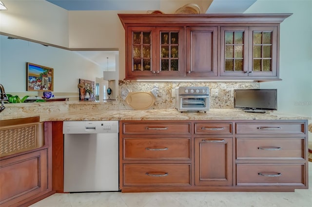 bar with light stone countertops, dishwasher, and tasteful backsplash