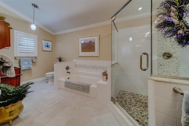 bathroom with lofted ceiling, ornamental molding, toilet, tile patterned floors, and plus walk in shower