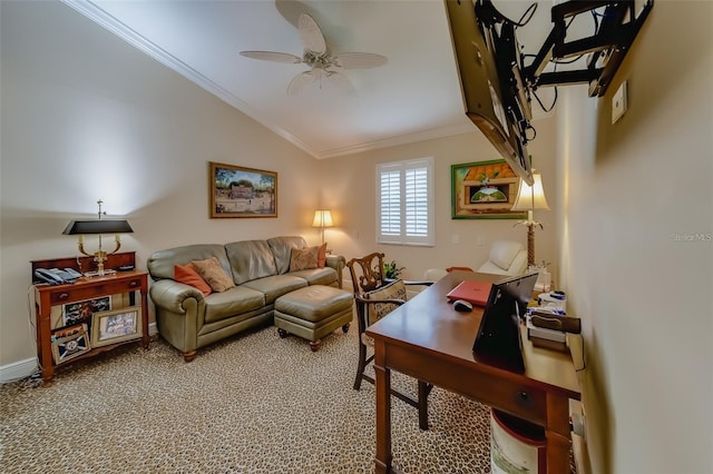 living room featuring lofted ceiling, carpet floors, ceiling fan, and crown molding