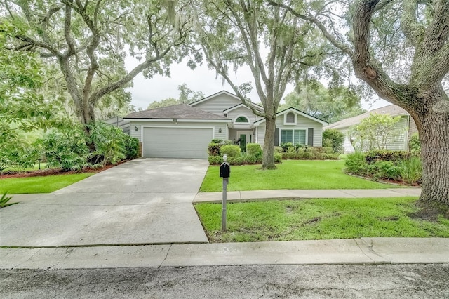 ranch-style house with a front yard and a garage