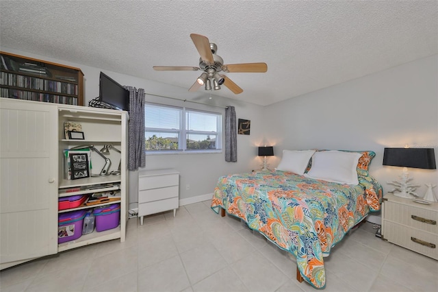 bedroom with a textured ceiling and ceiling fan