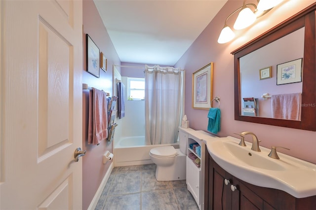 full bathroom with shower / bathtub combination with curtain, tile patterned flooring, vanity, and toilet